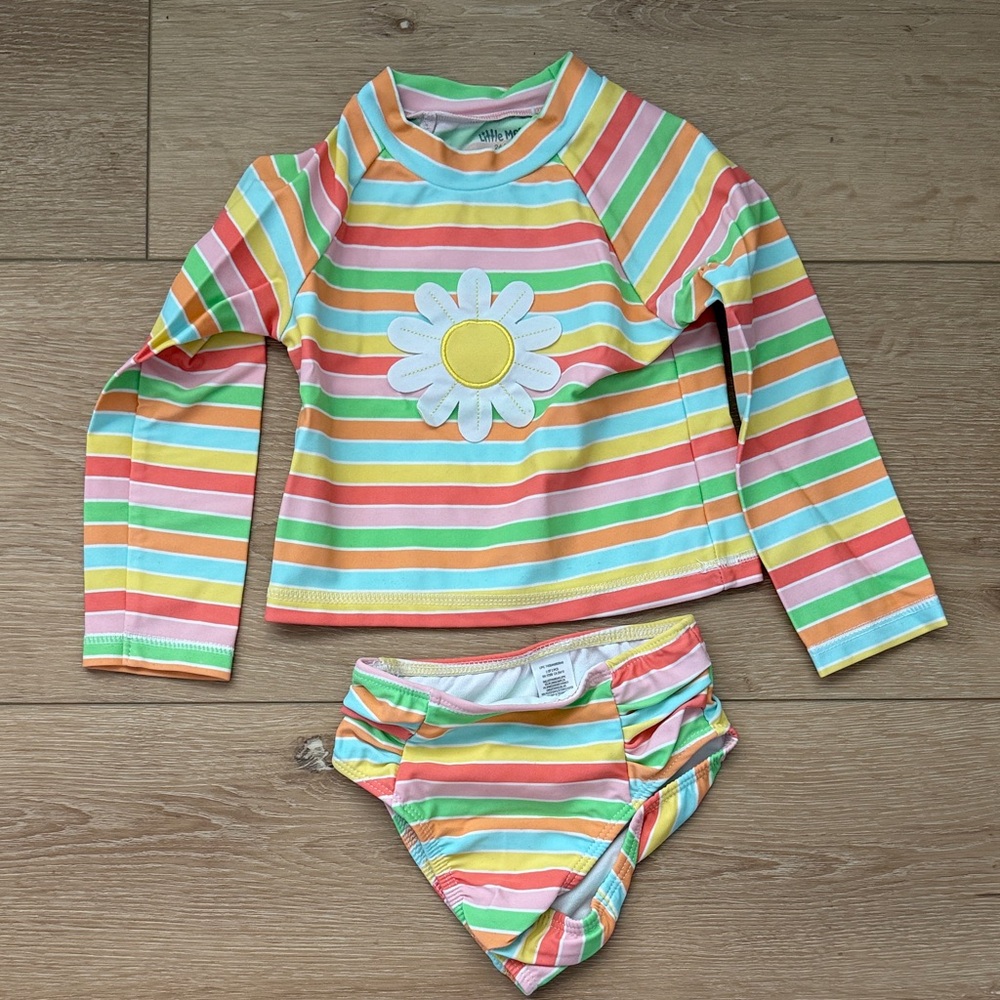 Toddler Girl Long Sleeve Rash Guard Swim Set with Multi-Color Stripes